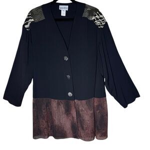 Yasuko Vintage Tunic Top Black & Brown Kimono Inspired 90’s Silk Blend Size S/M